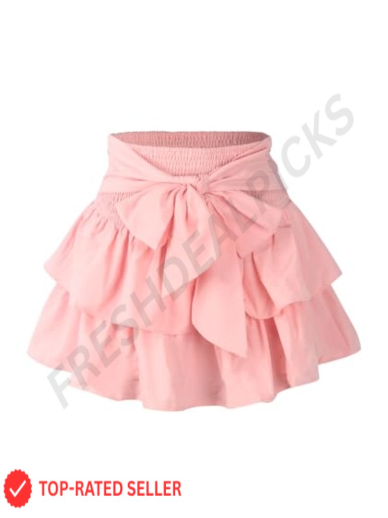 High Shirred Waist Bow Front Mini Skirt Layered Ruffle Hem Tiered Cake Skirt
